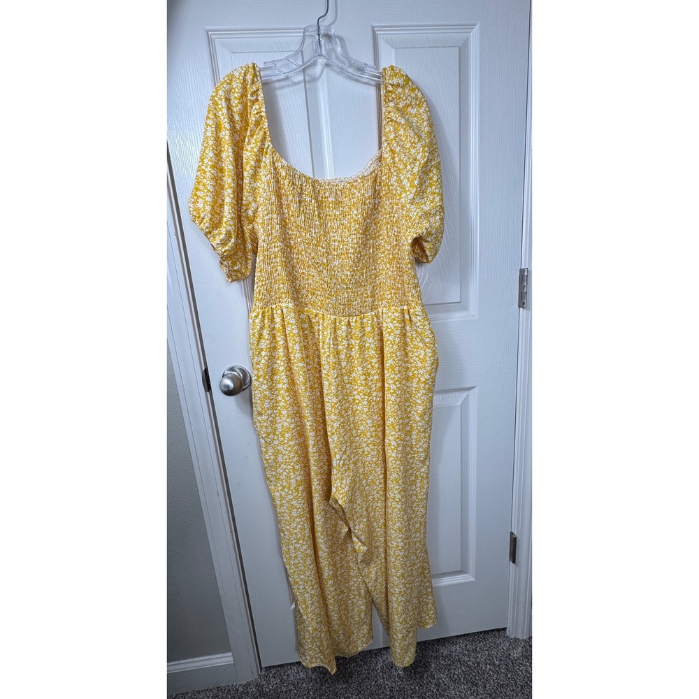 Floral Smocked Jumpsuit Wide Leg Square Neck Yellow 4XL‎
